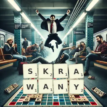 Kreatywna ilustracja do gry w Scrabble ze słowem SKRAWANY ułożonym z płytek na planszy.