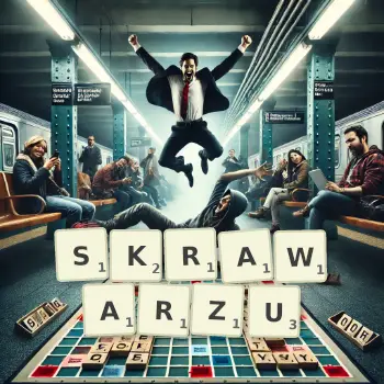 Kreatywna ilustracja do gry w Scrabble ze słowem SKRAWARZU ułożonym z płytek na planszy.