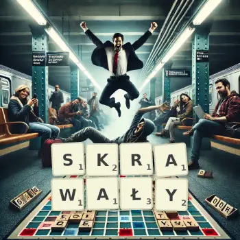 Kreatywna ilustracja do gry w Scrabble ze słowem SKRAWAŁY ułożonym z płytek na planszy.