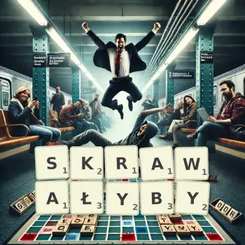 Kreatywna ilustracja do gry w Scrabble ze słowem SKRAWAŁYBY ułożonym z płytek na planszy.