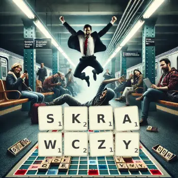 Kreatywna ilustracja do gry w Scrabble ze słowem SKRAWCZY ułożonym z płytek na planszy.