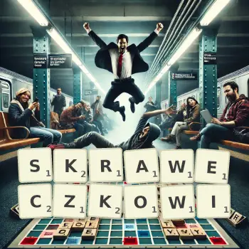 Kreatywna ilustracja do gry w Scrabble ze słowem SKRAWECZKOWI ułożonym z płytek na planszy.