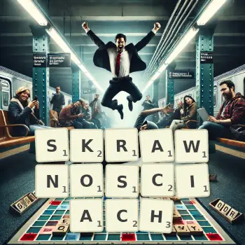 Kreatywna ilustracja do gry w Scrabble ze słowem SKRAWNOSCIACH ułożonym z płytek na planszy.