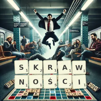 Kreatywna ilustracja do gry w Scrabble ze słowem SKRAWNOŚCI ułożonym z płytek na planszy.