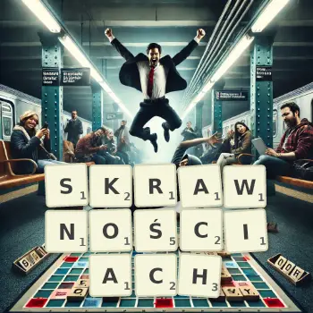 Kreatywna ilustracja do gry w Scrabble ze słowem SKRAWNOŚCIACH ułożonym z płytek na planszy.
