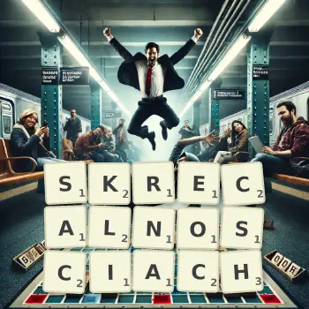 Kreatywna ilustracja do gry w Scrabble ze słowem SKRECALNOSCIACH ułożonym z płytek na planszy.
