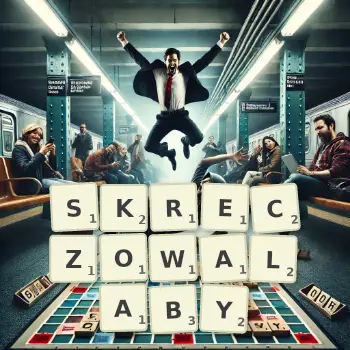 Kreatywna ilustracja do gry w Scrabble ze słowem SKRECZOWALABY ułożonym z płytek na planszy.