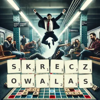 Kreatywna ilustracja do gry w Scrabble ze słowem SKRECZOWALAS ułożonym z płytek na planszy.