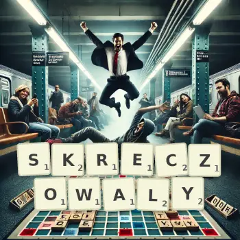Kreatywna ilustracja do gry w Scrabble ze słowem SKRECZOWALY ułożonym z płytek na planszy.