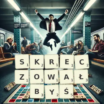 Kreatywna ilustracja do gry w Scrabble ze słowem SKRECZOWAŁBYŚ ułożonym z płytek na planszy.