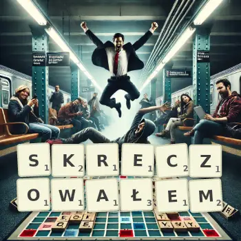 Kreatywna ilustracja do gry w Scrabble ze słowem SKRECZOWAŁEM ułożonym z płytek na planszy.