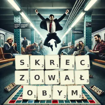 Kreatywna ilustracja do gry w Scrabble ze słowem SKRECZOWAŁOBYM ułożonym z płytek na planszy.