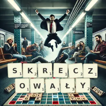 Kreatywna ilustracja do gry w Scrabble ze słowem SKRECZOWAŁY ułożonym z płytek na planszy.