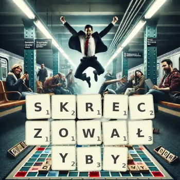 Kreatywna ilustracja do gry w Scrabble ze słowem SKRECZOWAŁYBY ułożonym z płytek na planszy.
