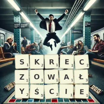 Kreatywna ilustracja do gry w Scrabble ze słowem SKRECZOWAŁYŚCIE ułożonym z płytek na planszy.