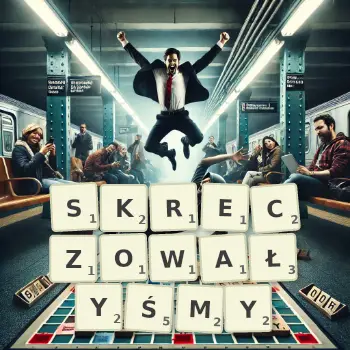 Kreatywna ilustracja do gry w Scrabble ze słowem SKRECZOWAŁYŚMY ułożonym z płytek na planszy.