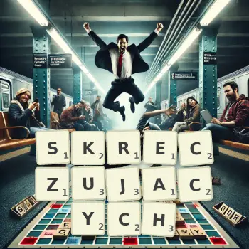 Kreatywna ilustracja do gry w Scrabble ze słowem SKRECZUJACYCH ułożonym z płytek na planszy.