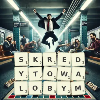 Kreatywna ilustracja do gry w Scrabble ze słowem SKREDYTOWALOBYM ułożonym z płytek na planszy.