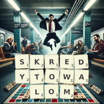 Kreatywna ilustracja do gry w Scrabble ze słowem SKREDYTOWALOM ułożonym z płytek na planszy.