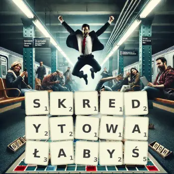 Kreatywna ilustracja do gry w Scrabble ze słowem SKREDYTOWAŁABYŚ ułożonym z płytek na planszy.