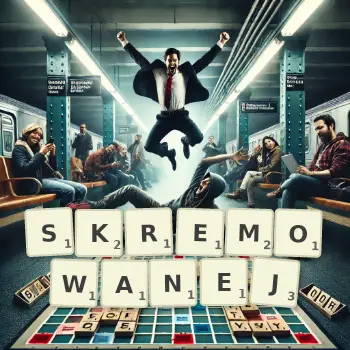 Kreatywna ilustracja do gry w Scrabble ze słowem SKREMOWANEJ ułożonym z płytek na planszy.