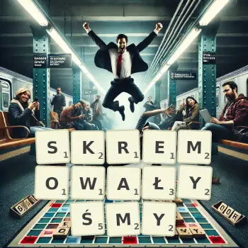 Kreatywna ilustracja do gry w Scrabble ze słowem SKREMOWAŁYŚMY ułożonym z płytek na planszy.