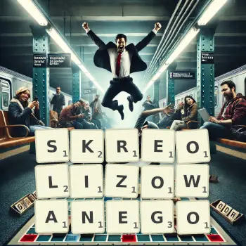 Kreatywna ilustracja do gry w Scrabble ze słowem SKREOLIZOWANEGO ułożonym z płytek na planszy.