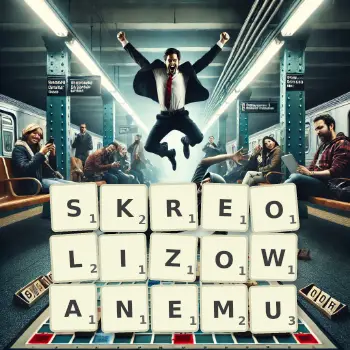 Kreatywna ilustracja do gry w Scrabble ze słowem SKREOLIZOWANEMU ułożonym z płytek na planszy.