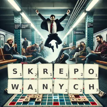 Kreatywna ilustracja do gry w Scrabble ze słowem SKREPOWANYCH ułożonym z płytek na planszy.