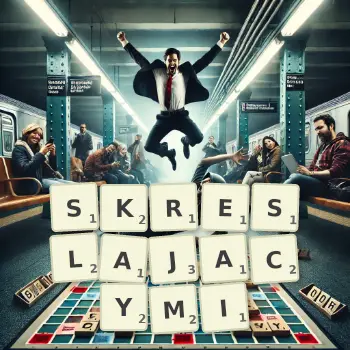 Kreatywna ilustracja do gry w Scrabble ze słowem SKRESLAJACYMI ułożonym z płytek na planszy.