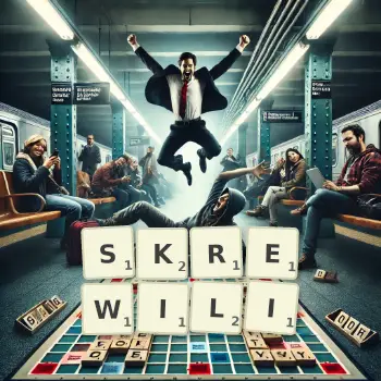 Kreatywna ilustracja do gry w Scrabble ze słowem SKREWILI ułożonym z płytek na planszy.