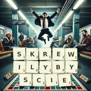 Kreatywna ilustracja do gry w Scrabble ze słowem SKREWILYBYSCIE ułożonym z płytek na planszy.