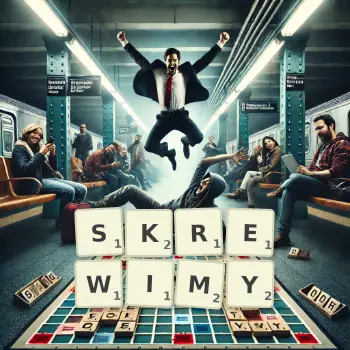 Kreatywna ilustracja do gry w Scrabble ze słowem SKREWIMY ułożonym z płytek na planszy.