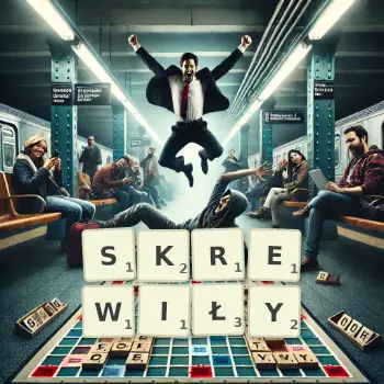 Kreatywna ilustracja do gry w Scrabble ze słowem SKREWIŁY ułożonym z płytek na planszy.