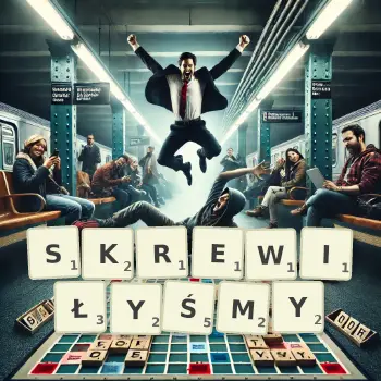 Kreatywna ilustracja do gry w Scrabble ze słowem SKREWIŁYŚMY ułożonym z płytek na planszy.