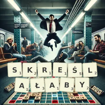 Kreatywna ilustracja do gry w Scrabble ze słowem SKREŚLAŁABY ułożonym z płytek na planszy.