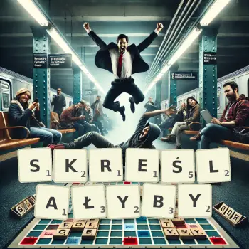 Kreatywna ilustracja do gry w Scrabble ze słowem SKREŚLAŁYBY ułożonym z płytek na planszy.