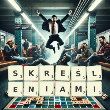 Kreatywna ilustracja do gry w Scrabble ze słowem SKREŚLENIAMI ułożonym z płytek na planszy.