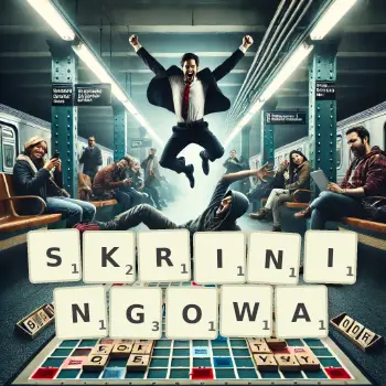 Kreatywna ilustracja do gry w Scrabble ze słowem SKRININGOWA ułożonym z płytek na planszy.