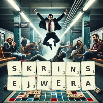 Kreatywna ilustracja do gry w Scrabble ze słowem SKRINSEJWERA ułożonym z płytek na planszy.