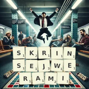 Kreatywna ilustracja do gry w Scrabble ze słowem SKRINSEJWERAMI ułożonym z płytek na planszy.