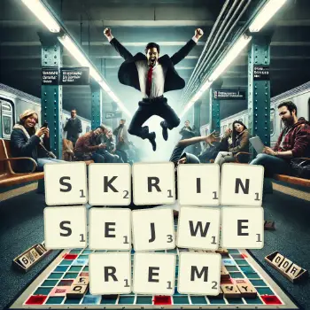 Kreatywna ilustracja do gry w Scrabble ze słowem SKRINSEJWEREM ułożonym z płytek na planszy.