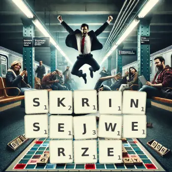 Kreatywna ilustracja do gry w Scrabble ze słowem SKRINSEJWERZE ułożonym z płytek na planszy.