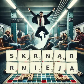Kreatywna ilustracja do gry w Scrabble ze słowem SKRNĄBRNIEJĄ ułożonym z płytek na planszy.