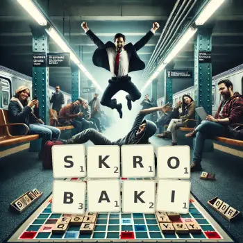 Kreatywna ilustracja do gry w Scrabble ze słowem SKROBAKI ułożonym z płytek na planszy.