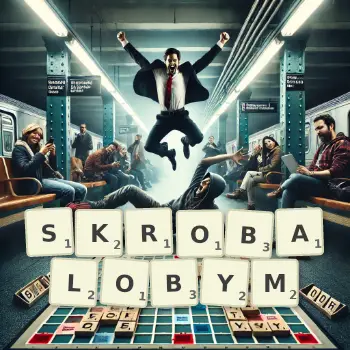 Kreatywna ilustracja do gry w Scrabble ze słowem SKROBALOBYM ułożonym z płytek na planszy.