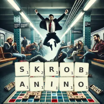 Kreatywna ilustracja do gry w Scrabble ze słowem SKROBANINO ułożonym z płytek na planszy.