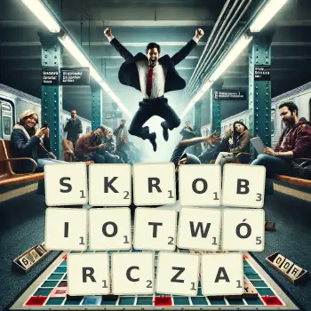 Kreatywna ilustracja do gry w Scrabble ze słowem SKROBIOTWÓRCZA ułożonym z płytek na planszy.