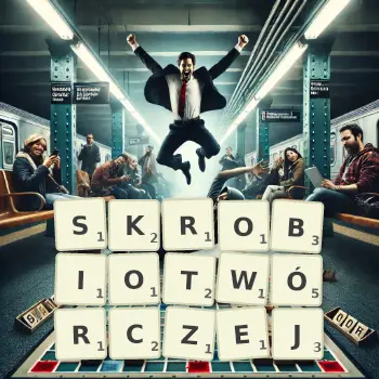 Kreatywna ilustracja do gry w Scrabble ze słowem SKROBIOTWÓRCZEJ ułożonym z płytek na planszy.