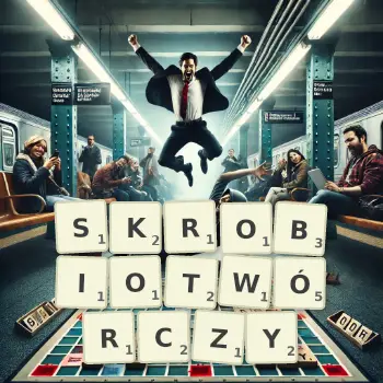 Kreatywna ilustracja do gry w Scrabble ze słowem SKROBIOTWÓRCZY ułożonym z płytek na planszy.